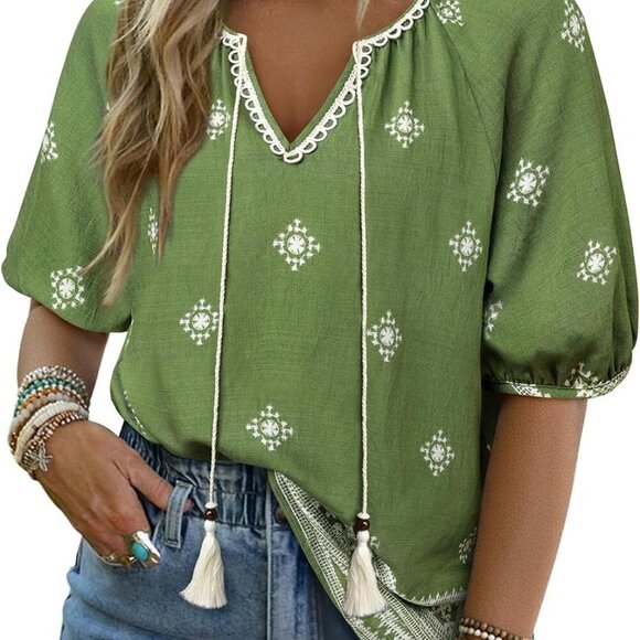 Womens Summer Boho Floral Blouse, Green Floral, XL - Picture 1 of 7